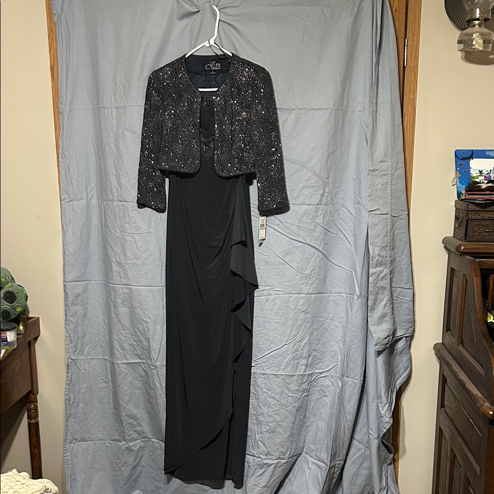 Alex Evenings Black Maxi Dress with Sequin Jacket